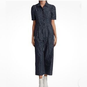 Joie Morgen Denim Leopard Blue Puff Short Sleeve Pleated Front Jumpsuit Size 4